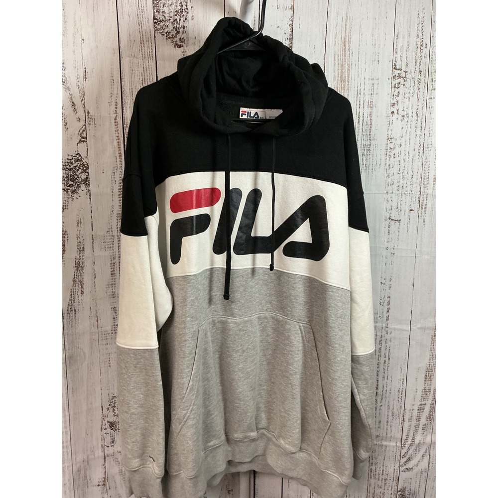FILA Colorblock Hoodie Mens 3XL Black White‎ Gray Logo Pullover